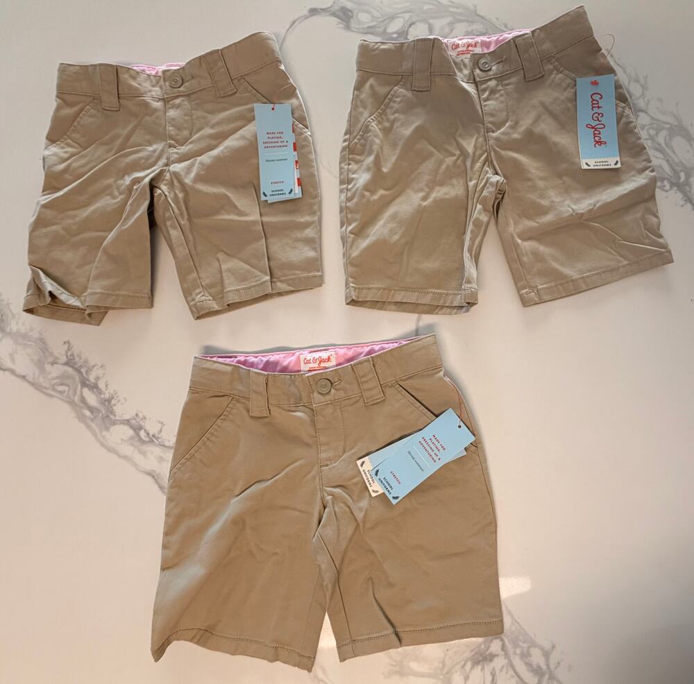 Cat & Jack Girls School Uniform Shorts Lot of 3 Khaki Beige Size 4 Stretch NWT